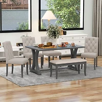 Simplie Fun 6-Piece Farmhouse Dining Table Set, Rectangular Trestle Table And 4 Upholstered Chairs & Bench