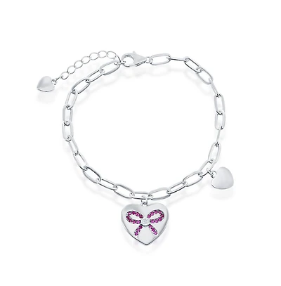 Sterling Silver Heart with Ruby Cz Ribbon Paperclip Bracelet