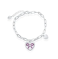 Sterling Silver Heart with Ruby Cz Ribbon Paperclip Bracelet