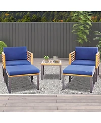 5 Piece Patio Acacia Wood Chair Set with Ottomans and Coffee Table-Navy