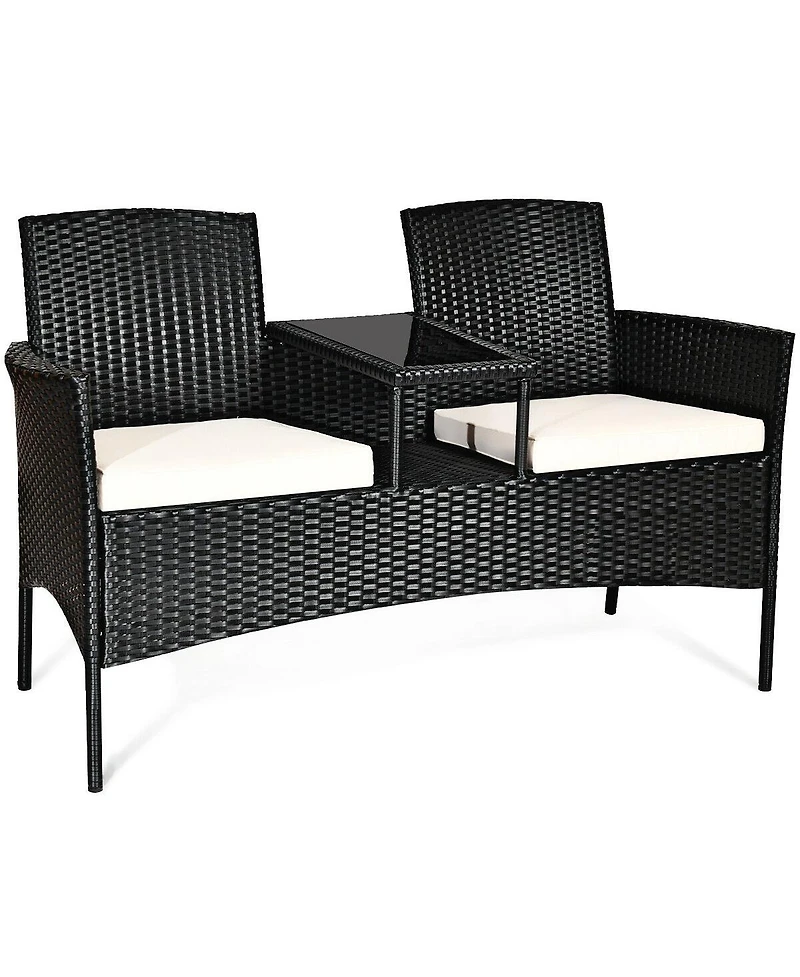 Wicker Patio Conversation Furniture Set with Removable Cushions and Table