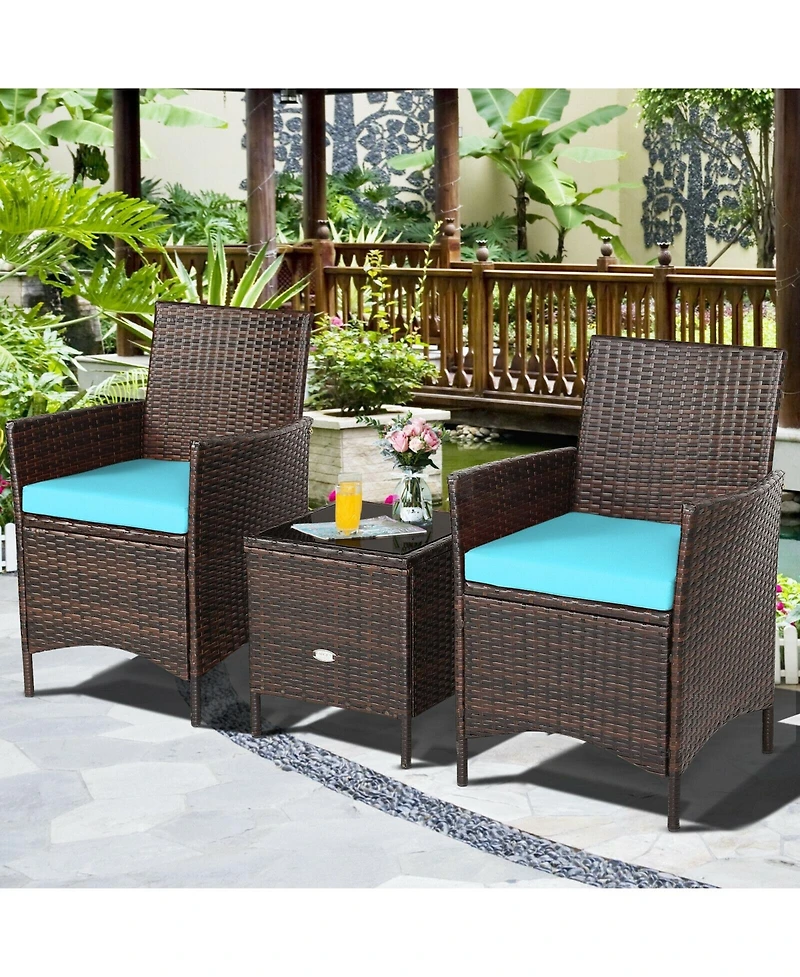 3 Pieces Patio Rattan Furniture Set Cushioned Sofa and Glass Tabletop Deck