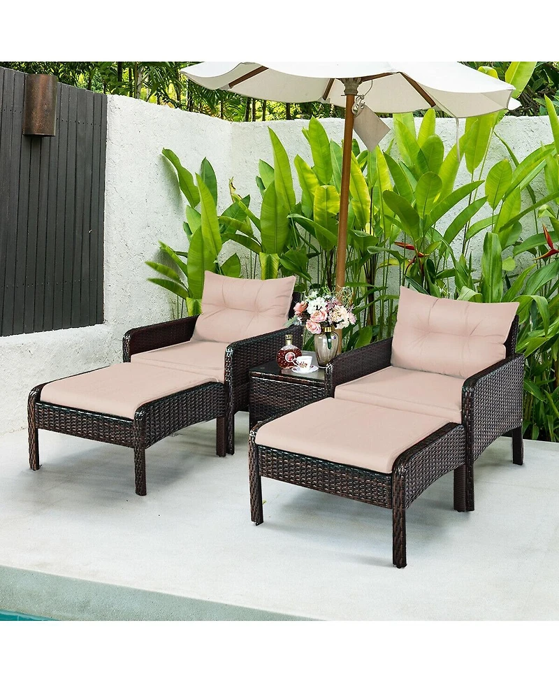 5 Pcs Patio Rattan Sofa Ottoman Furniture Set with Cushions