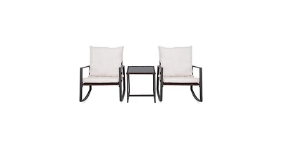 3 Pcs Patio Rocking Wicker Bistro Set Outdoor Rattan w/ Beige Cushion