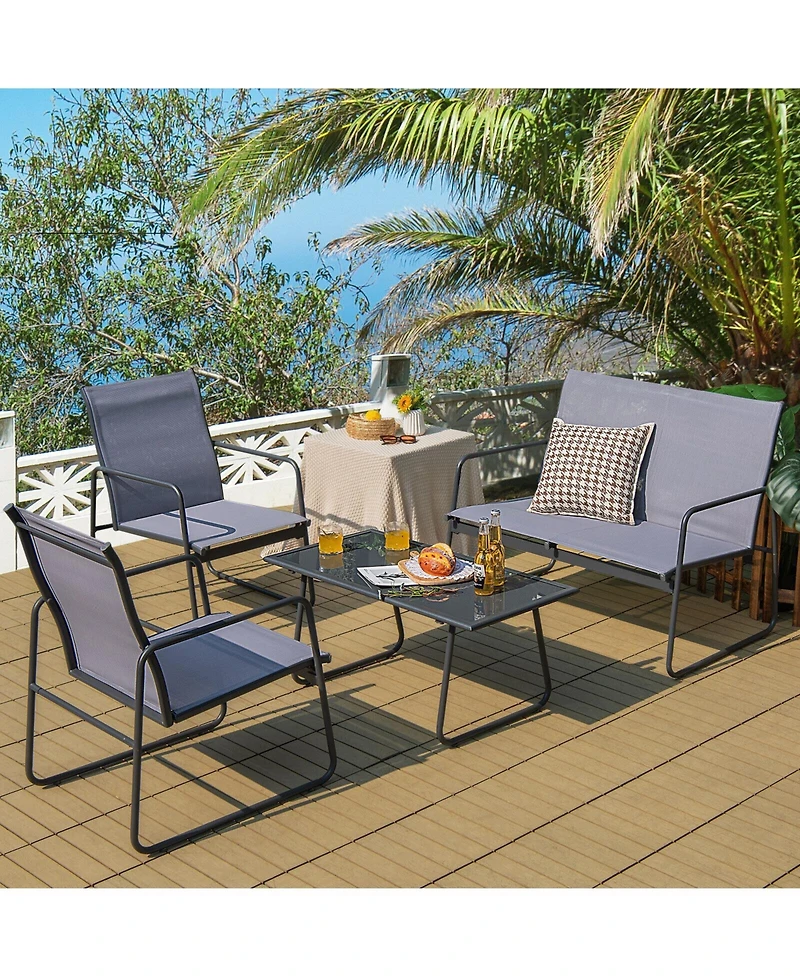 4 Pieces of Metal Patio Furniture Chat Set with Tempered Glass Coffee Table