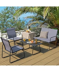 4 Pieces of Metal Patio Furniture Chat Set with Tempered Glass Coffee Table