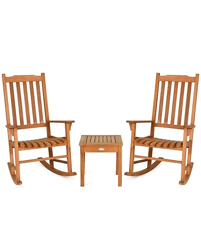 3 Pieces Eucalyptus Rocking Chair Set with Coffee Table