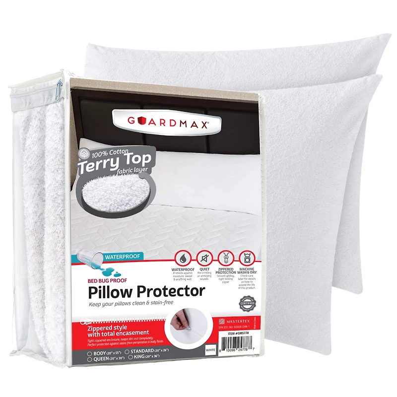 Guardmax Queen Size Terry Cotton Waterproof Pillow Protector with Zipper - White (4 Pack)