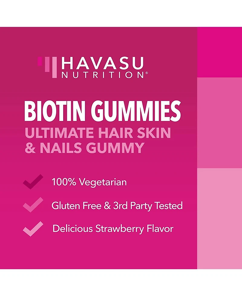 Biotin Gummies, Hair, Skin & Nail Supplement, Strawberry Flavor, Havasu Nutrition, 90ct