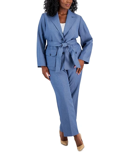 Le Suit Plus Size Belted Safari Jacket Pantsuit