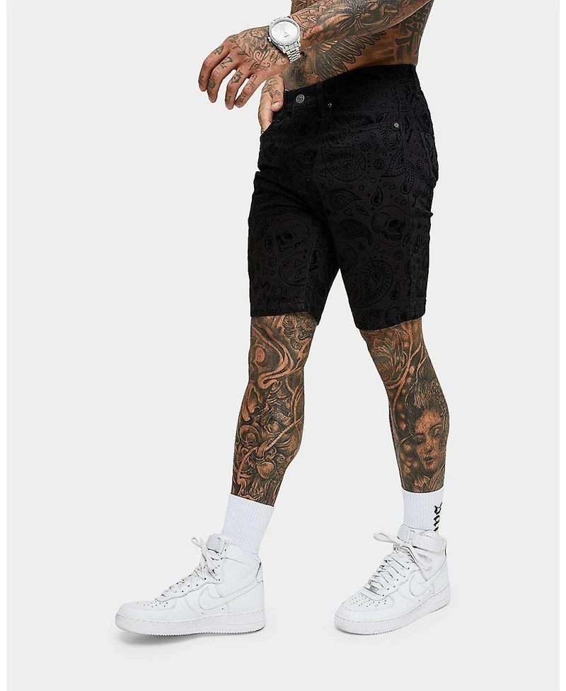 Saint Morta Men's Paisley Skulls Denim Shorts