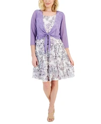 Connected Petite Printed Dress and Tie Jacket