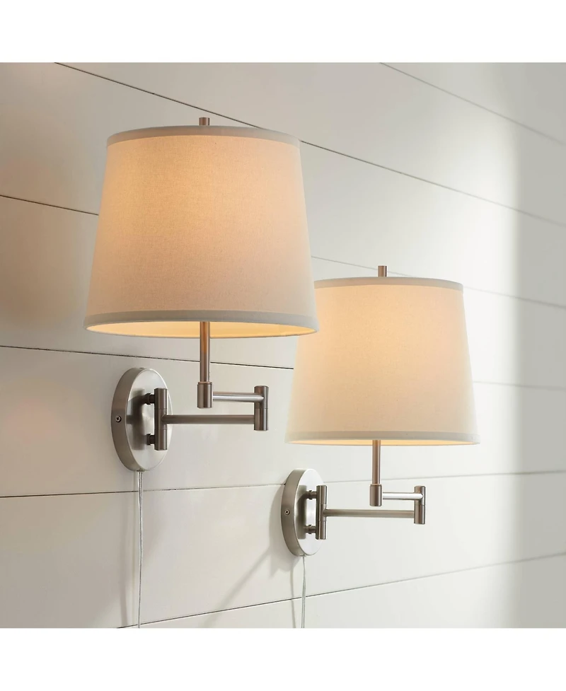 360 Lighting Oray Modern Swing Arm Wall Lamps Set of 2 Brushed Nickel Plug-in Light Fixture Off White Cotton Drum Shade for Bedroom Living Room House