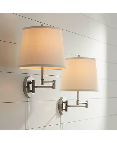 360 Lighting Oray Modern Swing Arm Wall Lamps Set of 2 Brushed Nickel Plug-in Light Fixture Off White Cotton Drum Shade for Bedroom Living Room House