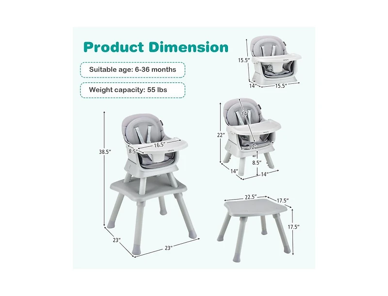 Slickblue Kids 6-in-1 Convertible High Chair with Adjustable Removable Tray