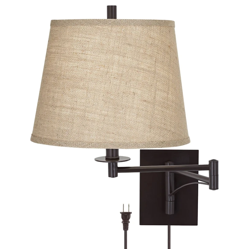 Franklin Iron Works Brinly Farmhouse Rustic Swing Arm Wall Lamp Matte Brown Metal Plug-in Light Fixture Burlap Shade for Bedroom Bedside Living Room