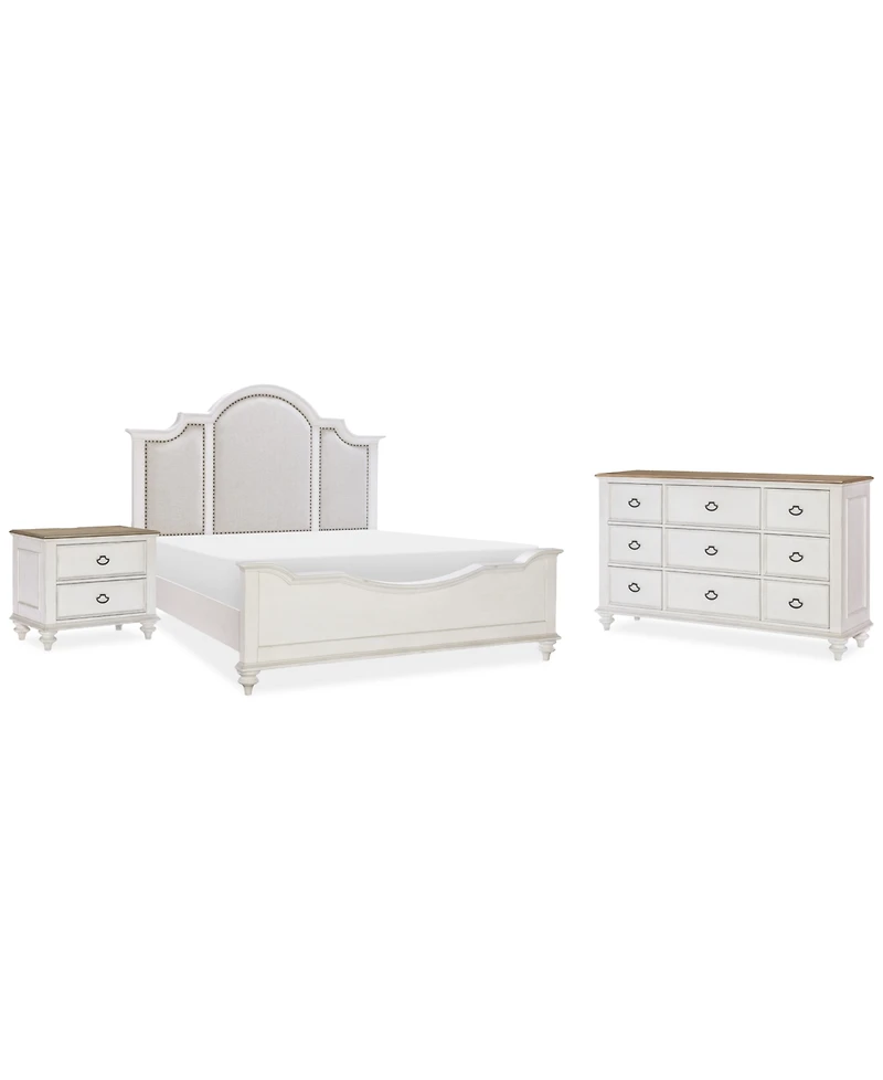 Mandeville 3pc Bedroom Set (Upholstered Queen Bed + Dresser + -Drawer Nightstand