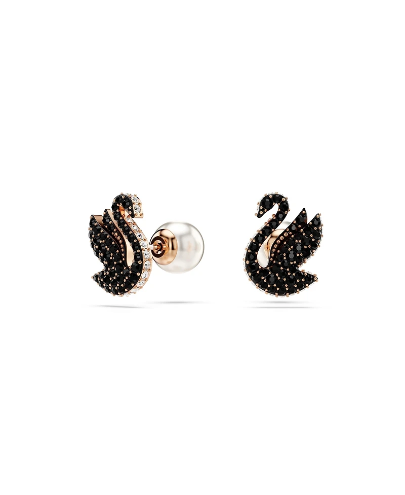 Swarovski Swan, Black, Rose Gold-Tone Iconic Swan Stud Earrings
