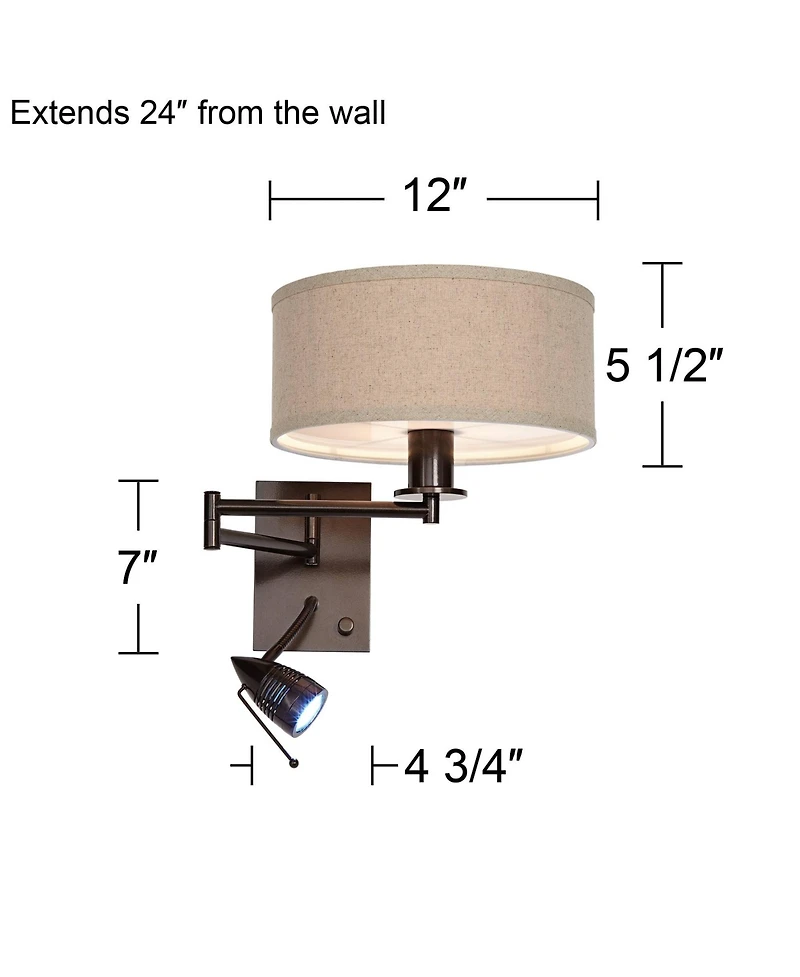 Possini Euro Design Radix Modern Swing Arm Wall Lamp Bronze with Cord Cover Led Reading Light Plug-in Light Fixture Oatmeal Shade for Bedroom Bedside