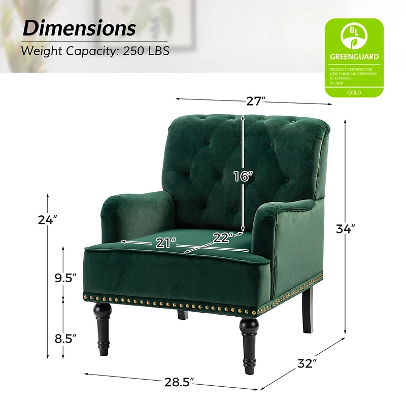 Velvet Tufted Upholstered Armchair with Nailhead Trim