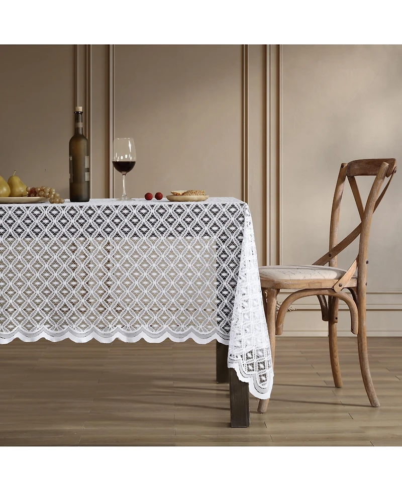 Hlc.me Alona Lace Fabric Table Cloth for Round Tables, Wrinkle Resistant Tablecloth, Patterned Scalloped