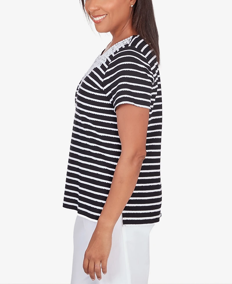 Alfred Dunner Women's Classic Neutrals Lace Neck Striped Split Hem T-shirt