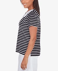 Alfred Dunner Women's Classic Neutrals Lace Neck Striped Split Hem T-shirt