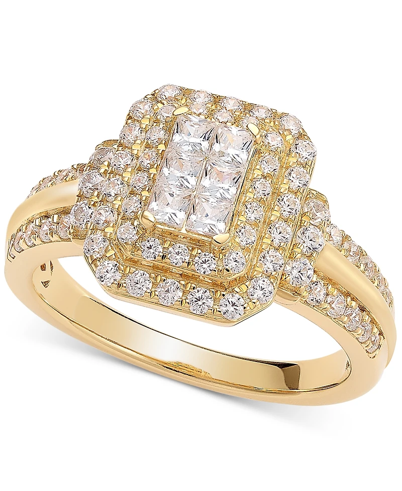 Diamond Emerald Shaped Halo Cluster Engagement Ring (1 ct. t.w.) in 14k Gold