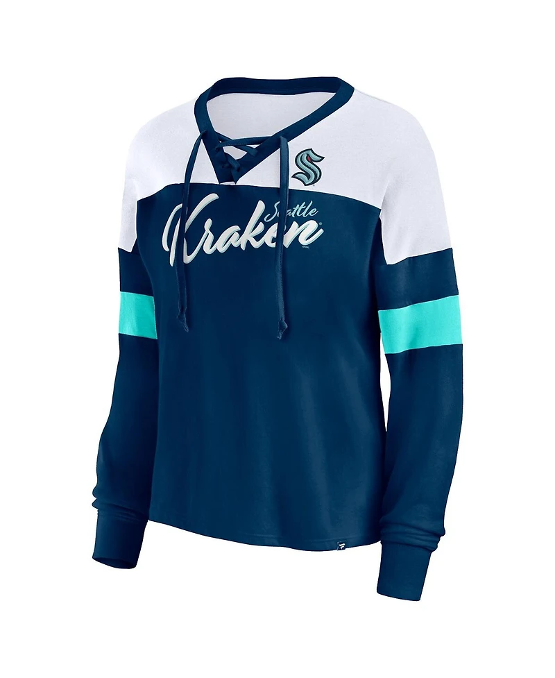 Women's Fanatics Deep Sea Blue Seattle Kraken Take the Shot Long Sleeve Lace-Up V-Neck T-shirt