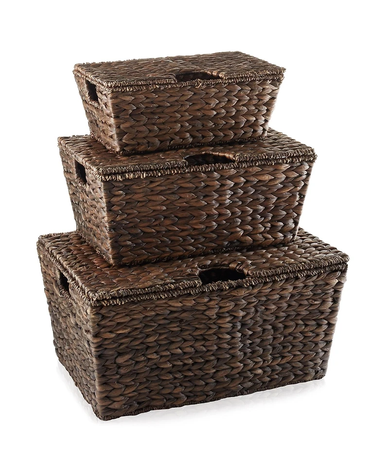 Casafield Set of 3 Water Hyacinth Storage Baskets (Small/Medium/Large), Multipurpose Organizer Totes with Tapered Bottoms and Removable Lids