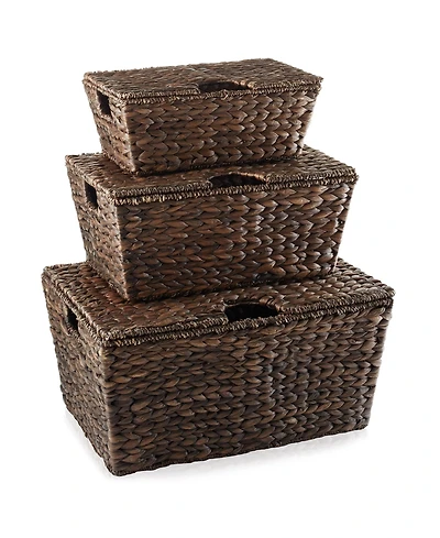 Casafield Set of 3 Water Hyacinth Storage Baskets (Small/Medium/Large), Multipurpose Organizer Totes with Tapered Bottoms and Removable Lids