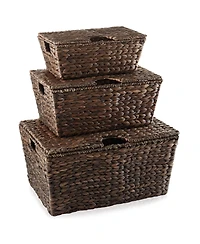 Casafield Set of 3 Water Hyacinth Storage Baskets (Small/Medium/Large), Multipurpose Organizer Totes with Tapered Bottoms and Removable Lids