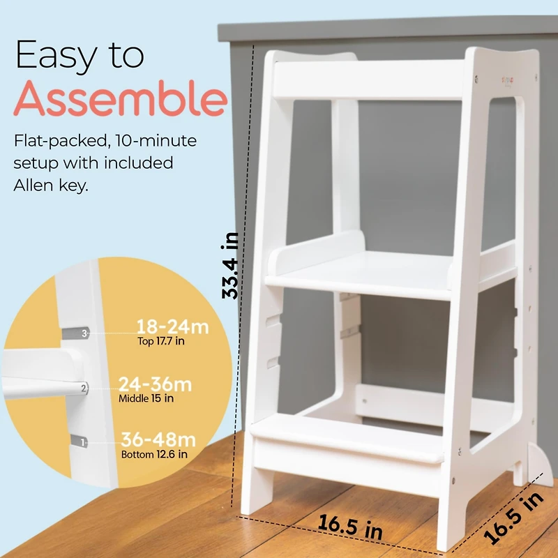 Stepup Baby Toddler Tower with Adjustable Step, White Montessori-Inspired Toddler Step Stool, Standing Tower for Kids, Fits Under Kitchen Counters, Ad