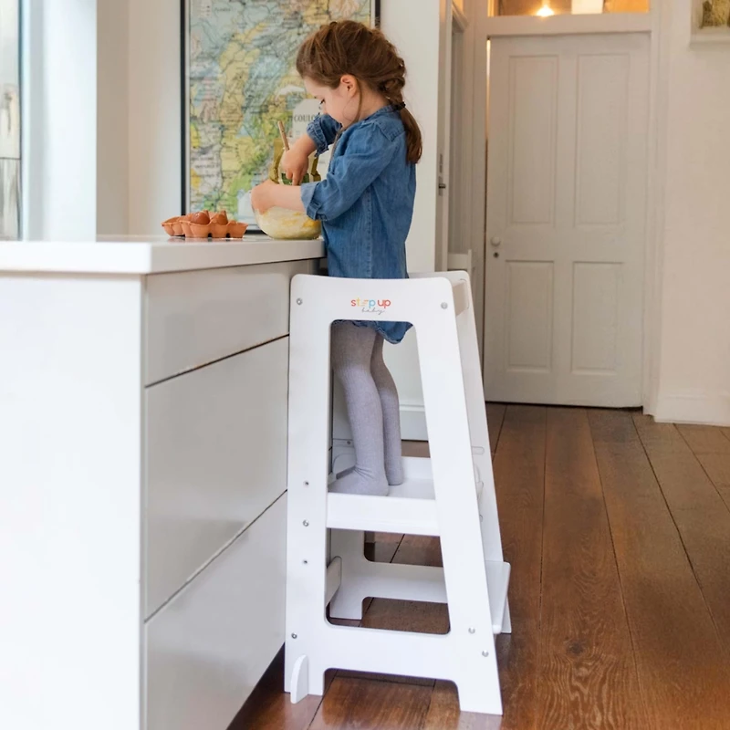 Stepup Baby Toddler Tower with Adjustable Step, White Montessori-Inspired Toddler Step Stool, Standing Tower for Kids, Fits Under Kitchen Counters, Ad