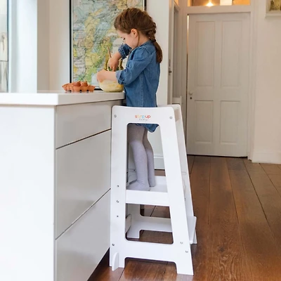 Stepup Baby Toddler Tower with Adjustable Step, White Montessori-Inspired Toddler Step Stool, Standing Tower for Kids, Fits Under Kitchen Counters, Ad