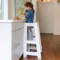 Stepup Baby Toddler Tower with Adjustable Step, White Montessori-Inspired Toddler Step Stool, Standing Tower for Kids, Fits Under Kitchen Counters, Ad