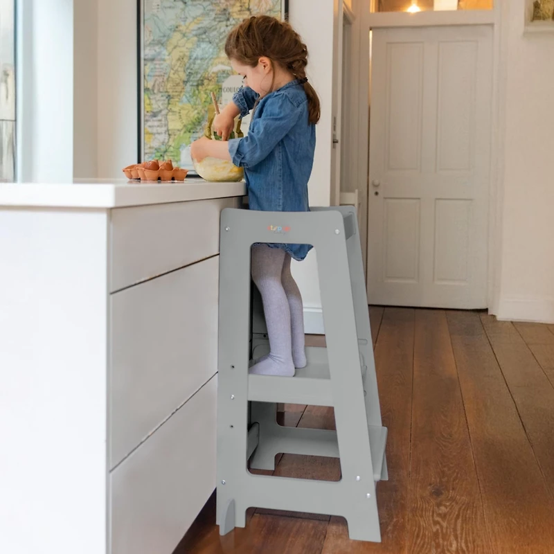 Stepup Baby Toddler Tower with Adjustable Step, White Montessori-Inspired Step Stool, Standing for Kids, Fits Under Kitchen Counters, Ad