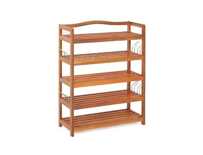5-Tier Acacia Wood Shoe Rack with Side Metal Hooks
