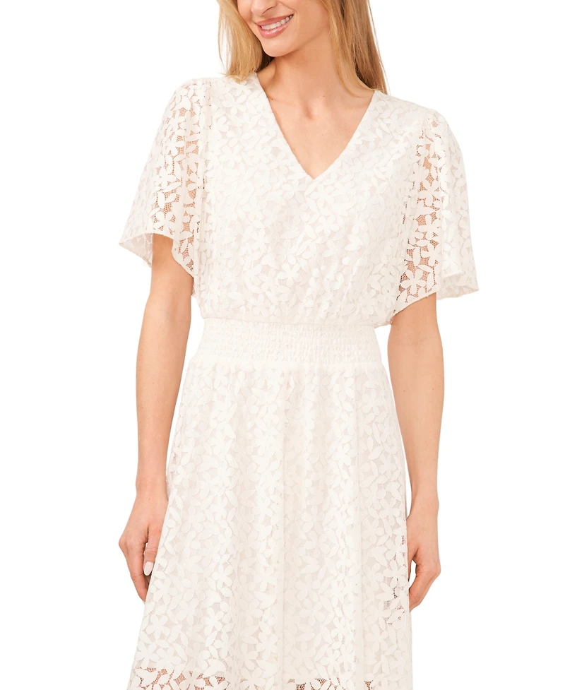 CeCe Women's Lace Flutter-Sleeve V-Neck Smocked-Waist Maxi Dress