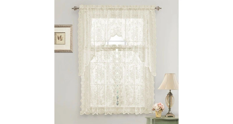 Kate Aurora Shabby Living Lena Floral Lace Complete Kitchen Curtain Tier & Swag Set