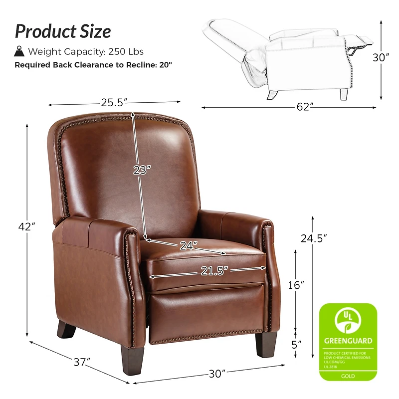 Hickey Modern Genuine Leather Recliner with Nailhead Trim