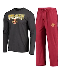 Men's Concepts Sport Cardinal, Heathered Charcoal Distressed Iowa State Cyclones Meter Long Sleeve T-shirt and Pants Sleep Set
