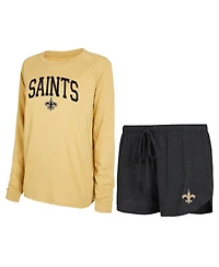 Women's Concepts Sport Black, Gold New Orleans Saints Raglan Long Sleeve T-shirt and Shorts Lounge Set