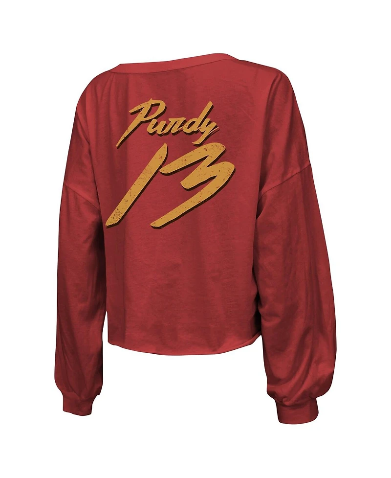 Women's Majestic Threads Brock Purdy Scarlet Distressed San Francisco 49ers Name and Number Script Off-Shoulder Cropped Long Sleeve T-shirt