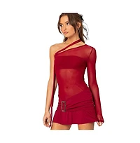 Women's One shoulder sheer mesh mini dress