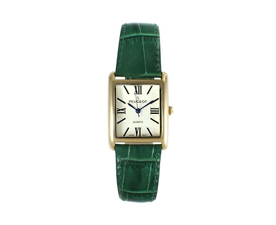 Peugeot Women's Tank Watch Roman Dial Green Leather Strap