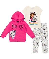 Gabby's Dollhouse Little Girls Dreamworks Gabbys Pandy Paws Zip Up Fleece Hoodie Graphic T-Shirt and Leggings 3 Piece Outfit Set Toddler|Chi