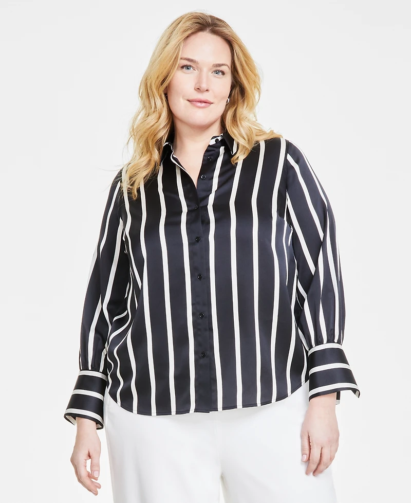 Vince Camuto Plus Striped Button-Down Bell-Sleeve Shirt