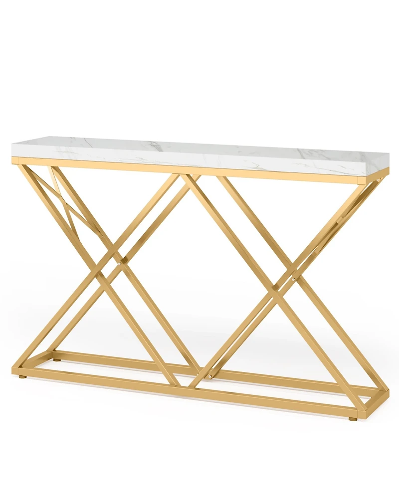 Tribe signs Gold Console Table, Modern 55 inch Entryway Table Narrow Long Sofa Table with Geometric Metal Legs, Faux Marble White Wood Foyer Table for