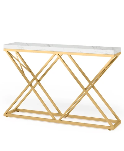 Tribe signs Gold Console Table, Modern 55 inch Entryway Table Narrow Long Sofa Table with Geometric Metal Legs, Faux Marble White Wood Foyer Table for